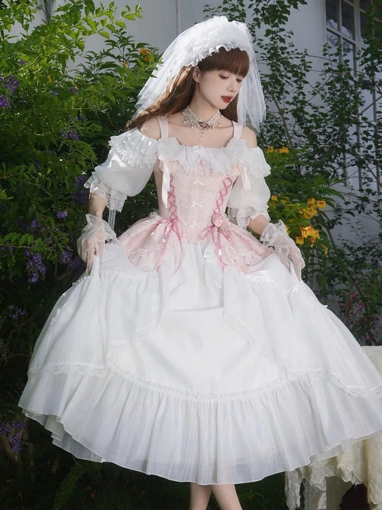 Corset Details Boned Jacquard Pink Lace-up