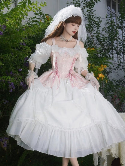 Corset Details Boned Jacquard Pink Lace-up