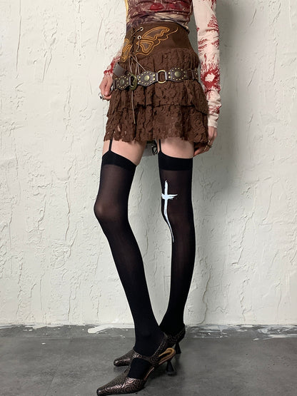 Stockings Suspender Print Cross Black Y2K