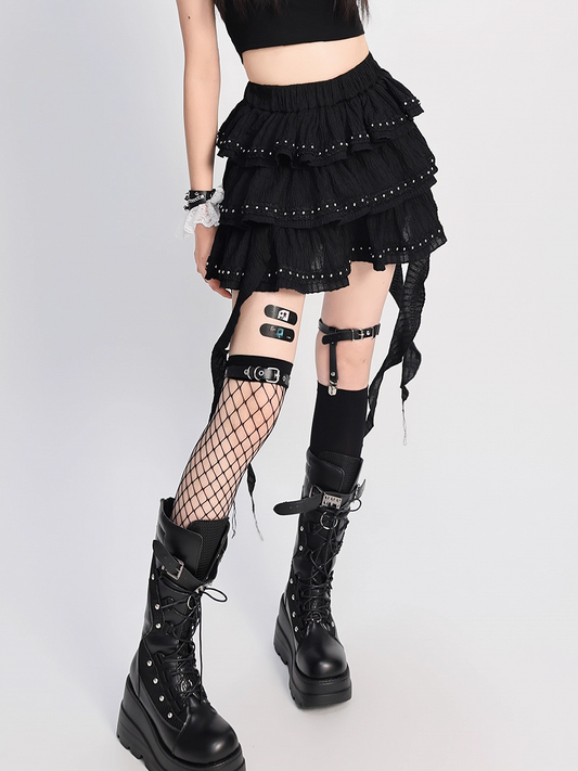 Details Tiered Skirt Black Cascading Ruffles Stud Balletcore