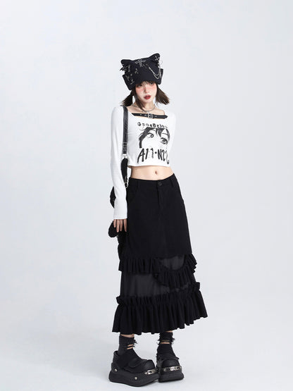 Corduroy Black Ruffle Elegant Hem with Deconstructed A-Line Skirt