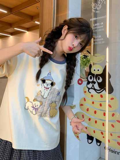 Colorblock Design Puppy Embroidery T-Shirt Orange Blue