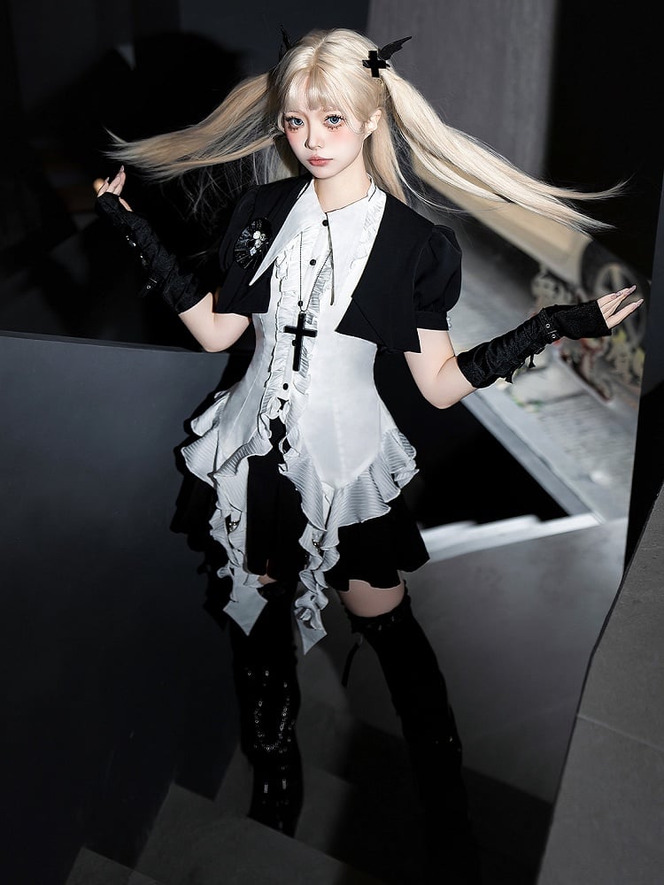 Cropped and Gothic Shirt Sleeveless White Lolita Set Black Full - Top Skirt +