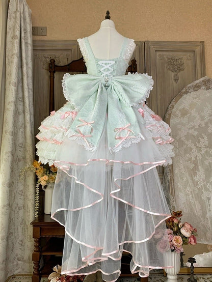 Mint Green Hanayome Bowknots Decorated Layered Skirt Sweet Hime Lolita Jumper Skirt Set