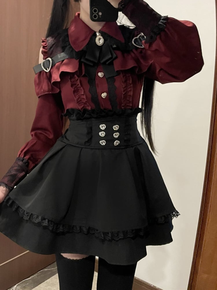 Wine Red Sweetheart Button Closure Cutout Shoulder Jirai Kei Top + Black High Waist Skirt + Bow Tie