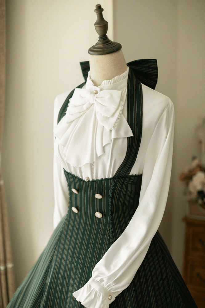 Historical Vibes Dark Green Stripped Halter Neck Underbust Dress