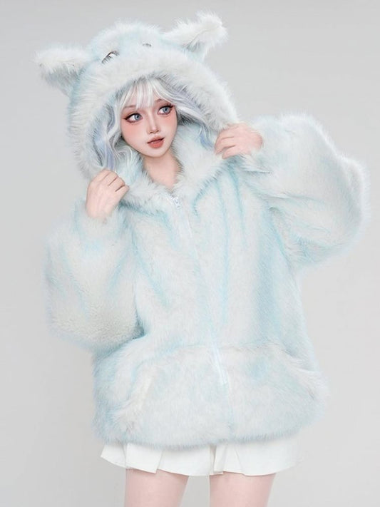 Blue Cute Snow Monster Design Hood Winter Faux Fur Zip Jacket