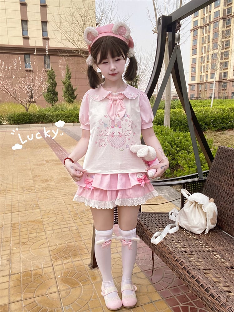 Tie T-Shirt Ears Heart Bunny Pink  White Peter Pan Collar Bunny
