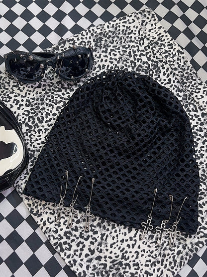 Charm Black Beanie Details Pin Y2K Design Cross Fishnet