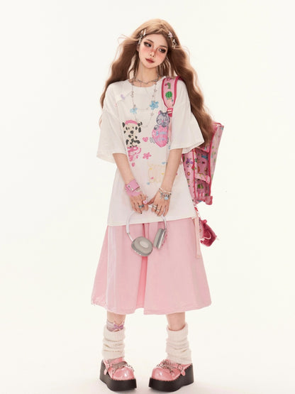 Skirt A-line Pink Drawstring Waist Cute Puppy Embroidery