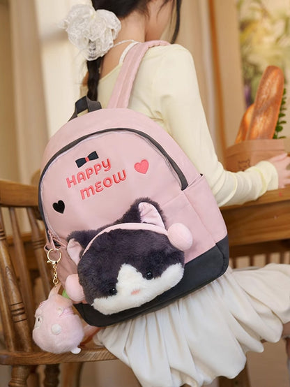 A PinkGray Embroidery Heart With Suede And Backpack Letter Plushie Kitty Detachable