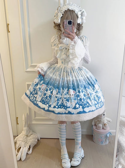 Teddy and Snowflake Blue Winter Fleece Hemline Sweet Lolita Dress