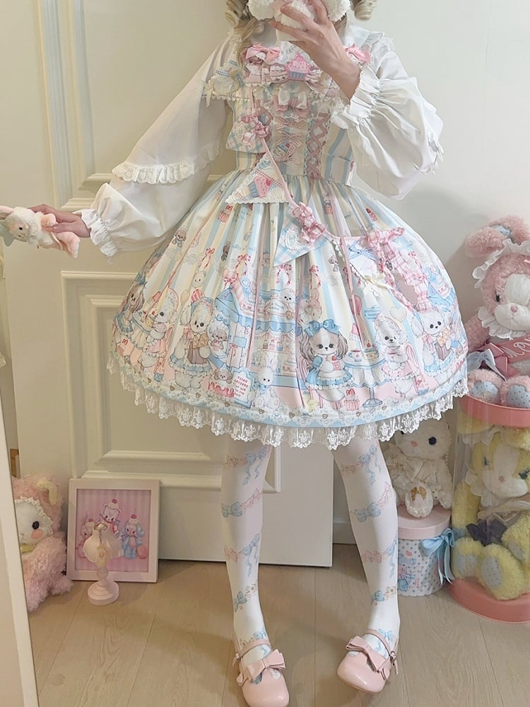 Dress with Print Ribbon Flags Sweet Light Afternoon Tea Yellow Lolita Puppy's