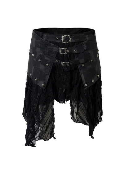 with Hem PU Asymmetrical Flair Skirt Black Studded Punk Edgy Lace Patchwork