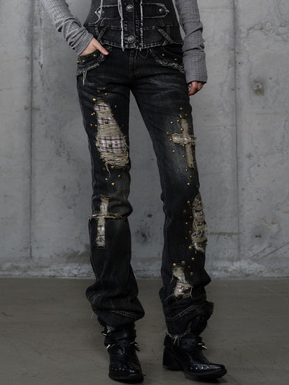 Plaid Distressed Patches Jeans Hem Punk with Frayed Black Wash Cross