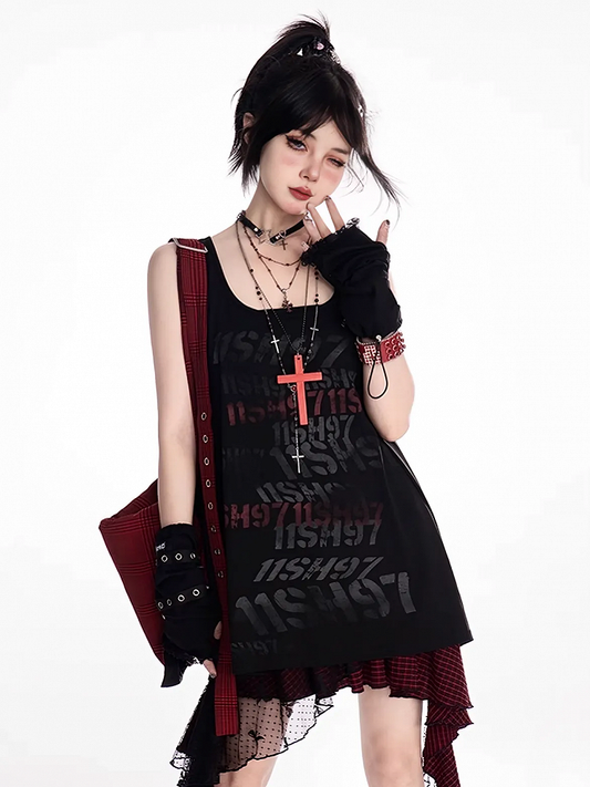 Black Scoop Neckline Letter Print Vintage Loose Tank Top