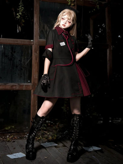 Black and Red Halloween Costume Nurse Lolita Dress Full Set