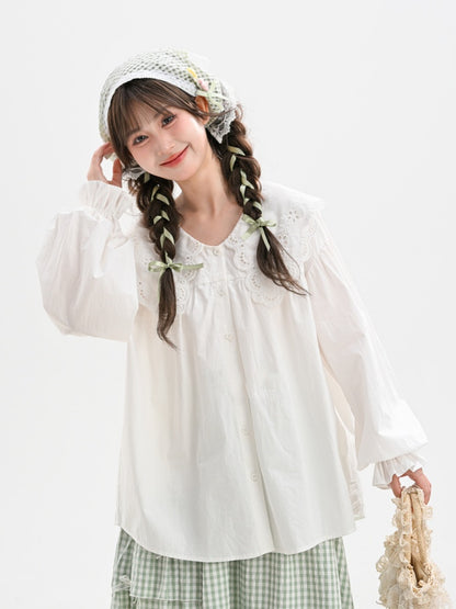 White Oversized Lace Collar Ruffled Cuff Loose Blouse