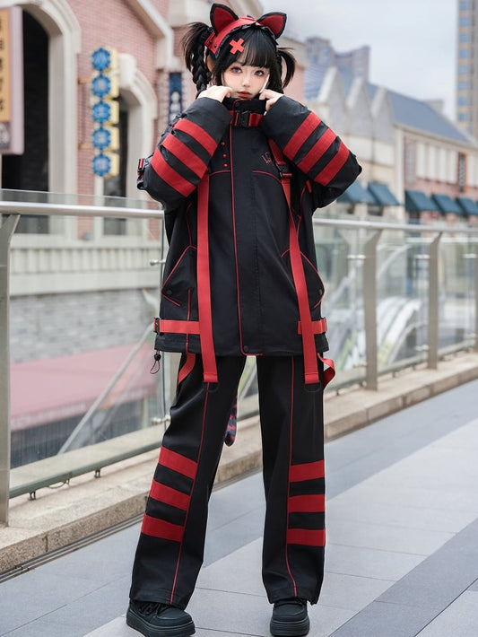 Black and Red Jirai Kei Techwear Landmine Style Pants