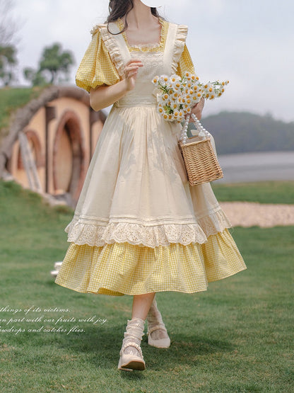 Plaid Lolita Yellow One Sleeves Neckline with Short Piece and Puff Square Sweet