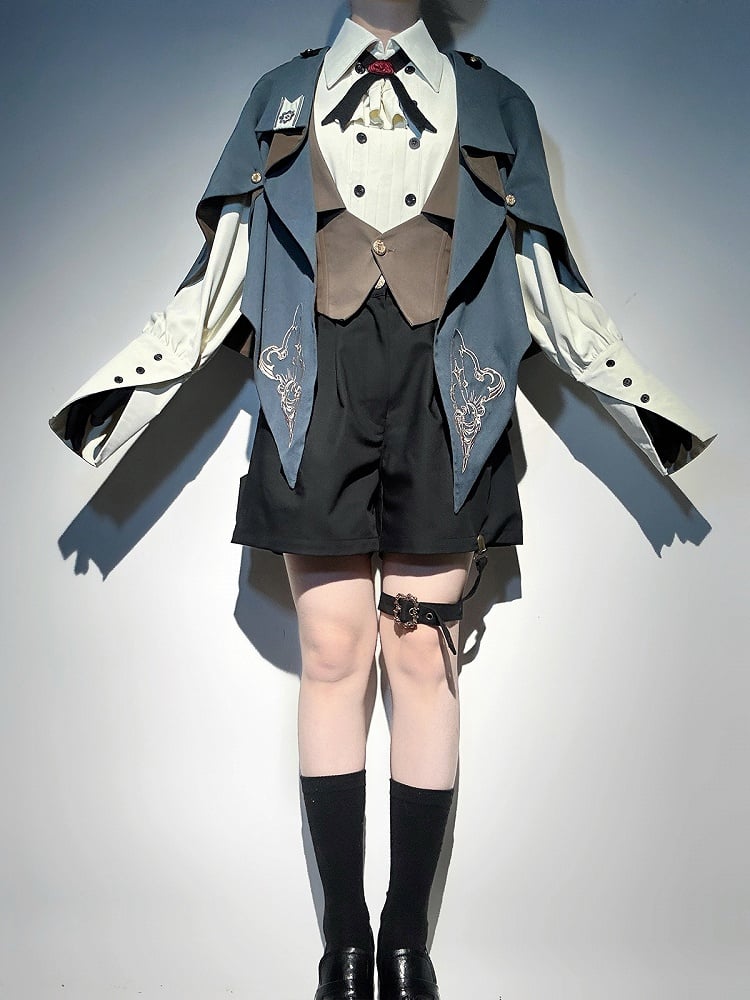 Blue and Brown Ouji Lolita Embroidery Details Pointed Hemline Cape