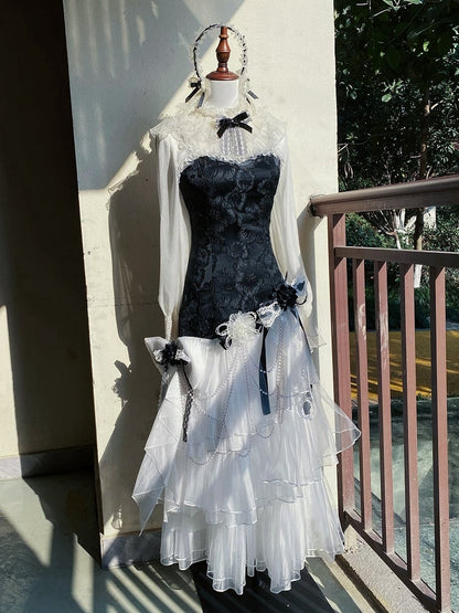 Classic JSK Elegant Layered Full Tulle Slim Bodice Jacquard Hem White Lolita Black Fit Floral Set