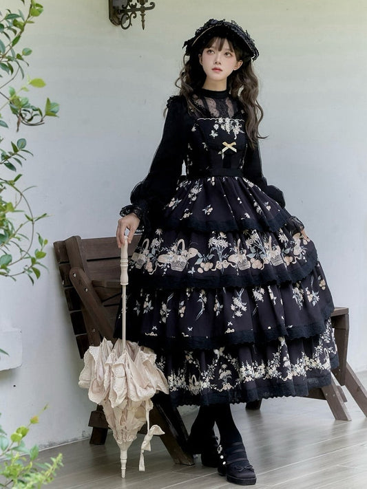 Rock Classic und Lolita Stufenpullover Print Blumen Lilienkleid Kirschschwarz