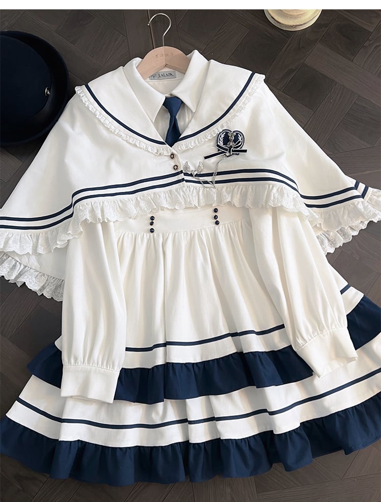 White&Blue Shirt Collar Ruffle Trim Tiered Dress with Tie