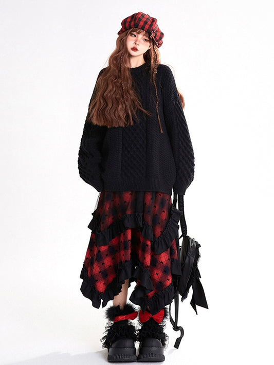 Pattern Skirt Hem Bowknots Plaid Handkerchief Red