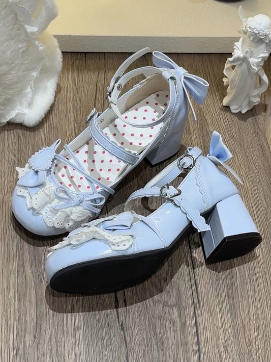 Sweet Buckle with Bow Shoes Janes - Lacework Lolita Details Blue Heart Mary