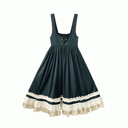Green Overall Dress in High Waist Style Dark Preppy with Beige Lace Trim