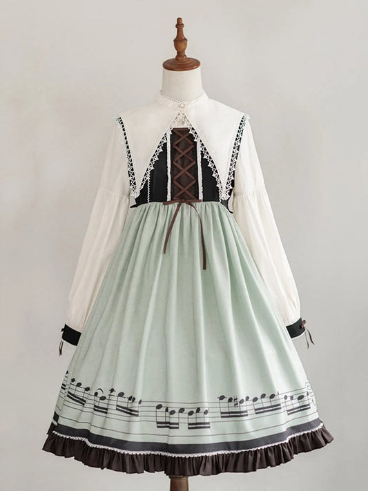 Robe Lolita verte d'automne à manches longues et col pointu séparé, motif notes de musique
