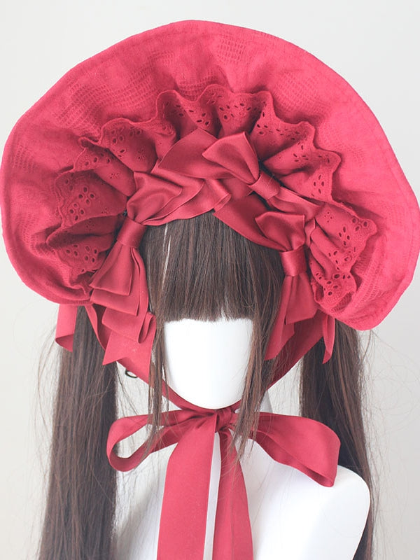 Cotton Bowknot Details Lace Trim Bonnet