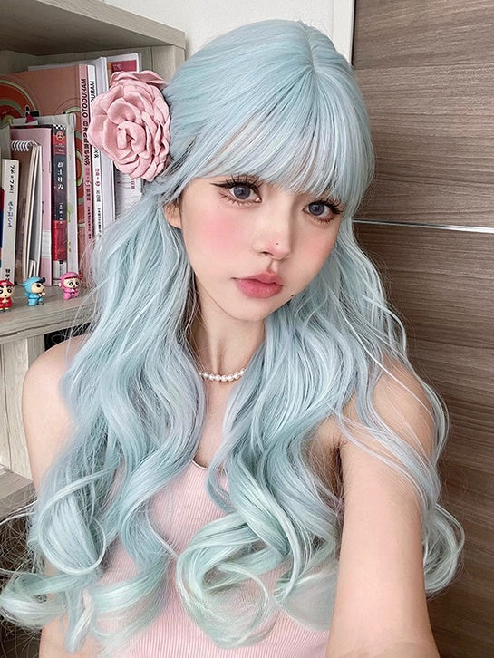Light Blue 60CM Under Bust Length Wavy Wig With Bangs