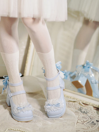 Blue Heels Top Knotted Buckles at Bow High Trim Lace Block Heart