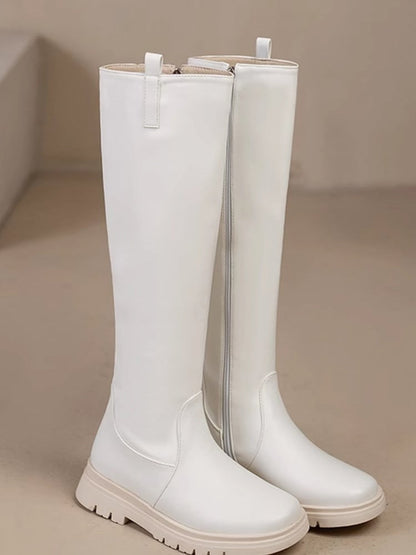 Verschluss: Weiße kniehohe Stiefel mit Reißverschluss, normale/dicke PU-Version, Lederinnenseite mit -