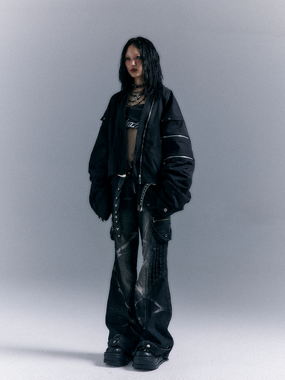 Washed Zippered Flare Black-Grey Studs Jeans Pockets Punk With