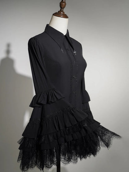 Black Layered Bell Sleeves Gothic Lolita Shirt Cross Charm Pointed Collar