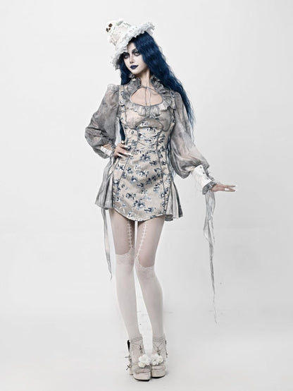 Dusty Blue Floral Jacquard Corpse Bride Overall Dress