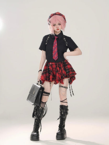 Mini Straps Red Skirt With Plaid Black Pleated Metal Punk Buckle