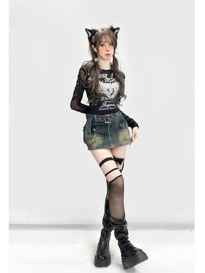 Y2K Black Semi-Sheer Round Neck Ruffled Sleeves Glamorous Graphic Top