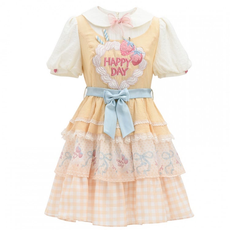 Strawberry Cake Embroidery Bow Creamy Yellow Tiered Lolita Dress Sweet Skirt Big