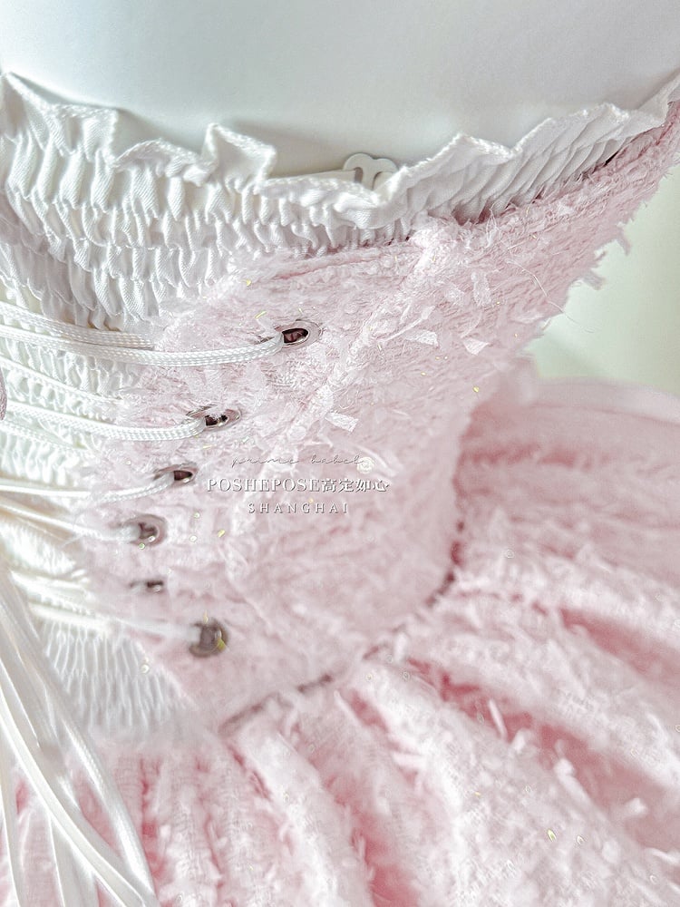V-Day Pink Bows Plush Neckline and Hemline Boning Dress + Cape Full Set