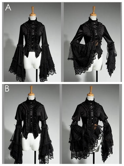 Neck Aristocrat Patched Fashion Lace Sleeves Black Shirt Ouji Bell Lolita Ruffled