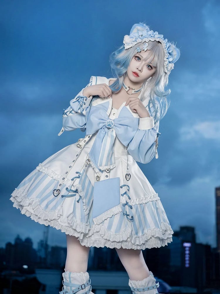 Kitty Light Bow Kaiwai Set Blue JSK Dress Cropped Tenshi Lolita Sailor Striped Big Top Pattern Ears + - Collar