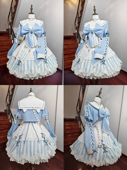 Kitty Light Bow Kaiwai Set Blue JSK Dress Cropped Tenshi Lolita Sailor Striped Big Top Pattern Ears + - Collar