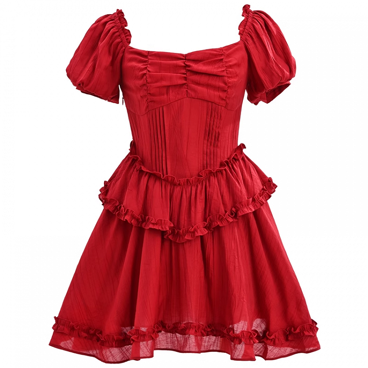 Pleating Waist Hem Details Vintage Dress Red Square Neckline Puff Sleeves Ruffle