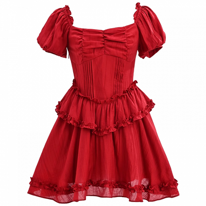 Pleating Waist Hem Details Vintage Dress Red Square Neckline Puff Sleeves Ruffle