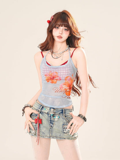 Pink/Blue Floral Print Semi-Sheer Halter Neck Top with Red Plaid Camisole Set
