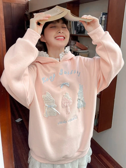 Pink Cute Crocheted Bunnies Details Fleece Lined Hoodie